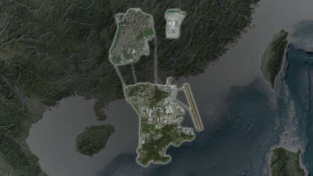 Macao area enlarged and glowed on a darkened background of its surroundings. Satellite imagery