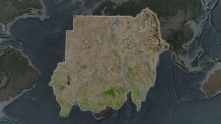 Sudan area enlarged and glowed on a darkened background of its surroundings. Satellite imagery