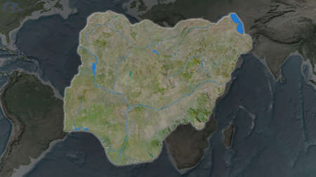 Nigeria area enlarged and glowed on a darkened background of its surroundings. Satellite imagery