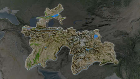 Tajikistan area enlarged and glowed on a darkened background of its surroundings. Satellite imagery