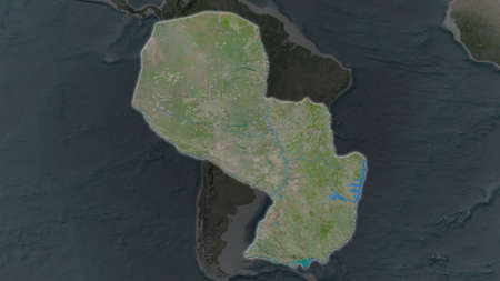 Paraguay area enlarged and glowed on a darkened background of its surroundings. Satellite imagery