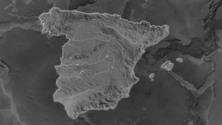 Spain area enlarged and glowed on a darkened background of its surroundings. Grayscale bumped...