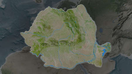 Romania area enlarged and glowed on a darkened background of its surroundings. Satellite imagery