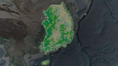 South Korea area enlarged and glowed on a darkened background of its surroundings. Main physical landscape featuresの写真素材