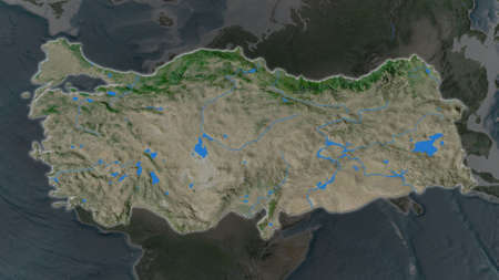 Turkey area enlarged and glowed on a darkened background of its surroundings. Satellite imagery