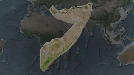 Somalia area enlarged and glowed on a darkened background of its surroundings. Satellite imagery
