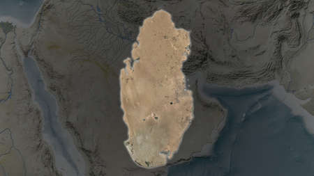 Qatar area enlarged and glowed on a darkened background of its surroundings. Satellite imageryの写真素材