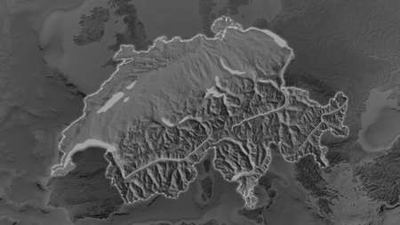 Switzerland area enlarged and glowed on a darkened background of its surroundings. Grayscale bumped...