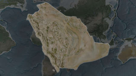 Saudi Arabia area enlarged and glowed on a darkened background of its surroundings. Satellite imageryの写真素材