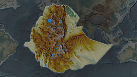Ethiopia area enlarged and glowed on a darkened background of its surroundings. Relief map