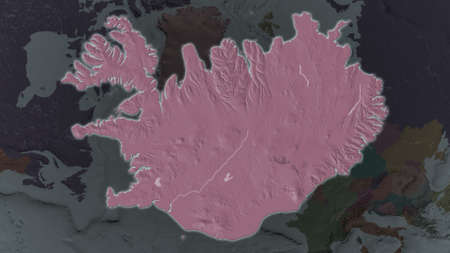 Iceland area enlarged and glowed on a darkened background of its surroundings. Colored and bumped...