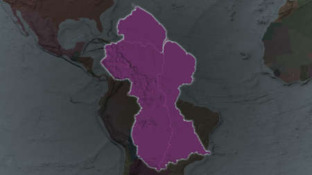 Guyana area enlarged and glowed on a darkened background of its surroundings. Colored and bumped map...