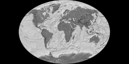 World map in the Fahey projection centered on 11 East longitude. Bilevel topographic map - raw...