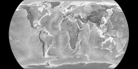 World map in the Canters Pseudocylindric projection centered on 11 East longitude. Grayscale...