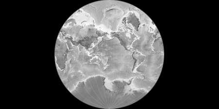 World map in the Lambert-Lagrange projection centered on 170 West longitude. Grayscale elevation map...