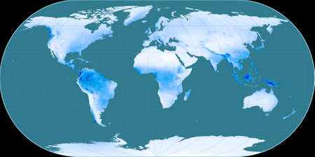 World map in the Ortelius Oval projection centered on 11 East longitude. Mean annual precipitation...