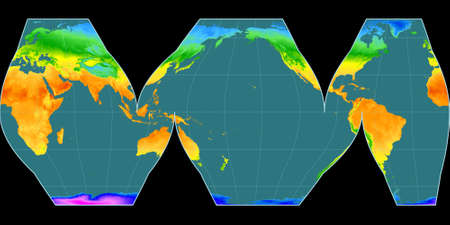 World map in the Mcbryde (Oceans) projection centered on 0 East longitude. Mean annual temperature...