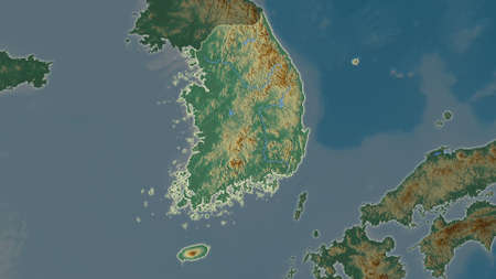 South Korea area map in the Azimuthal Equidistant projection. topographic relief map. Full...