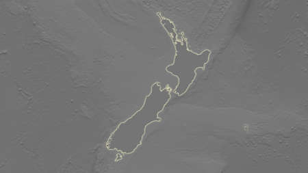 New Zealand area map in the Azimuthal Equidistant projection. grayscale elevation map. Clean shape without bordersの写真素材