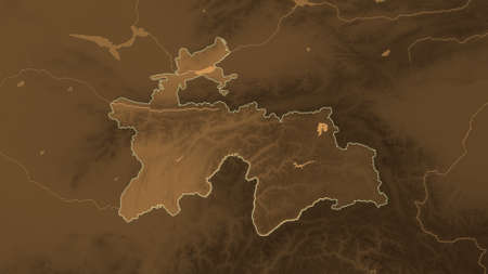 Tajikistan area map in the Azimuthal Equidistant projection. tinted elevation shader. Full...