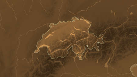 Switzerland area map in the Azimuthal Equidistant projection. tinted elevation shader. Full...