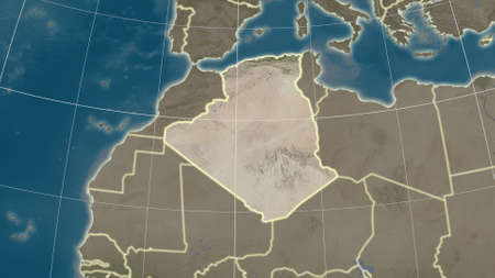 Algeria area map in the Azimuthal Equidistant projection. satellite imagery. Overlay with clean background, borders and graticuleの写真素材