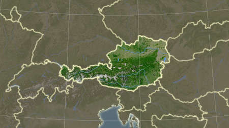 Austria area map in the Azimuthal Equidistant projection. satellite imagery. Overlay with clean background, borders and graticuleの写真素材