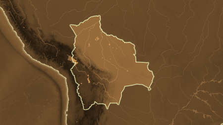 Bolivia area map in the Azimuthal Equidistant projection. tinted elevation shader. Full composition of rasters without bordersの写真素材