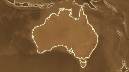 Australia area map in the Azimuthal Equidistant projection. tinted elevation shader. Full composition of rasters without bordersの写真素材