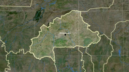 Burkina Faso area map in the Azimuthal Equidistant projection. satellite imagery. Full composition of rasters with borders, main cities, capital name and graticuleの写真素材