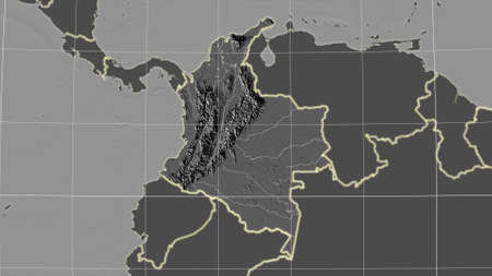 Colombia area map in the Azimuthal Equidistant projection. bilevel elevation map. Overlay with clean background, borders and graticuleの写真素材