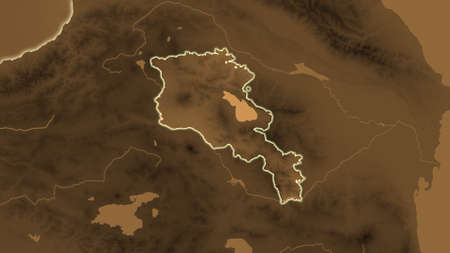 Armenia area map in the Azimuthal Equidistant projection. tinted elevation shader. Full composition of rasters without bordersの写真素材