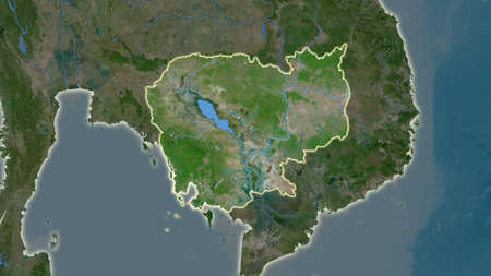 Cambodia area map in the Azimuthal Equidistant projection. satellite imagery. Full composition of...