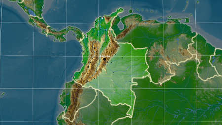 Colombia area map in the Azimuthal Equidistant projection. color physical map. Full composition of rasters with borders, main cities, capital name and graticuleの写真素材