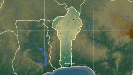 Benin area map in the Azimuthal Equidistant projection. topographic relief map. Full composition of rasters with borders, main cities, capital name and graticuleの写真素材