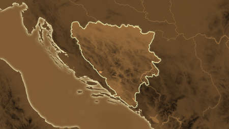 Bosnia And Herzegovina area map in the Azimuthal Equidistant projection. tinted elevation shader. Full composition of rasters without bordersの写真素材