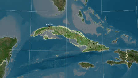 Cuba area map in the Azimuthal Equidistant projection. satellite imagery. Full composition of rasters with borders, main cities, capital name and graticuleの写真素材