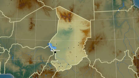 Chad area map in the Azimuthal Equidistant projection. topographic relief map. Full composition of rasters with borders, main cities, capital name and graticuleの写真素材