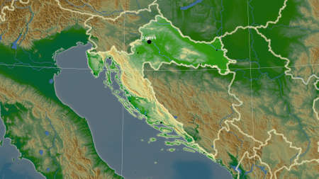 Croatia area map in the Azimuthal Equidistant projection. color physical map. Full composition of rasters with borders, main cities, capital name and graticuleの写真素材