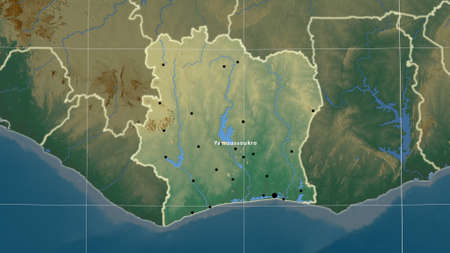 Ivory Coast area map in the Azimuthal Equidistant projection. Topographic relief map. Full...