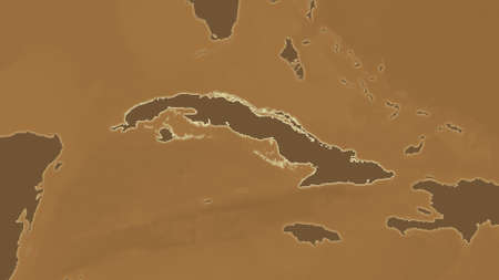 Cuba area map in the Azimuthal Equidistant projection. tinted elevation shader. Clean shape without bordersの写真素材
