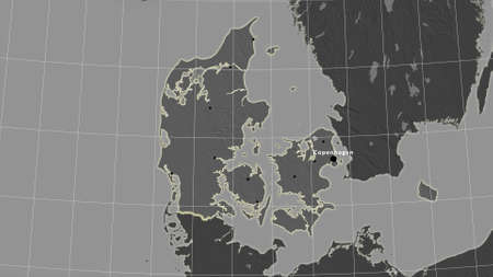 Denmark area map in the Azimuthal Equidistant projection. bilevel elevation map. Full composition of rasters with borders, main cities, capital name and graticuleの写真素材
