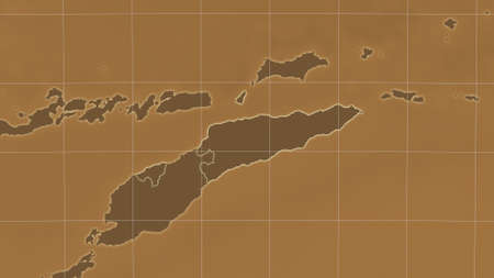 East Timor area map in the Azimuthal Equidistant projection. tinted elevation shader. Clean shape with borders and graticuleの写真素材