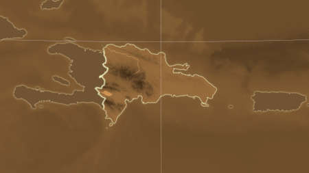 Dominicana area map in the Azimuthal Equidistant projection. tinted elevation shader. Overlay with clean background, borders and graticuleの写真素材
