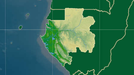 Gabon area map in the Azimuthal Equidistant projection. color physical map. Overlay with clean background, borders and graticuleの写真素材
