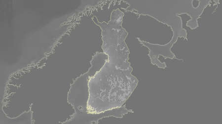 Finland area map in the Azimuthal Equidistant projection. grayscale elevation map. Overlay with...