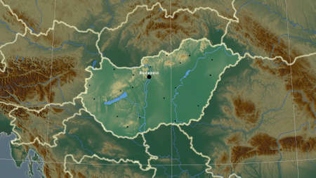 Hungary area map in the Azimuthal Equidistant projection. topographic relief map. Full composition...