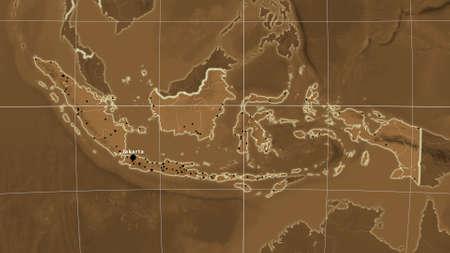 Indonesia area map in the Azimuthal Equidistant projection. tinted elevation shader. Full...