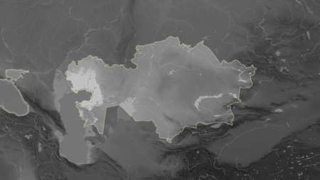 Kazakhstan area map in the Azimuthal Equidistant projection. grayscale elevation map. Full composition of rasters without bordersの写真素材