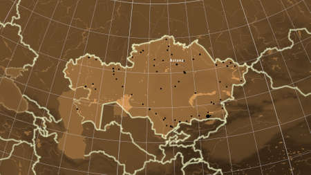 Kazakhstan area map in the Azimuthal Equidistant projection. tinted elevation shader. Full composition of rasters with borders, main cities, capital name and graticuleの写真素材